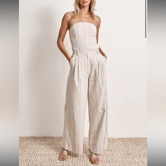 mon renn illusion white & tan stripe wide leg linen trouser pants size small NEW - Picture 1 of 12